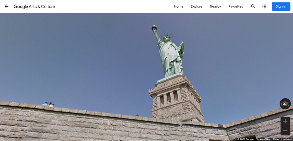 Screen capture of Google Arts & Culture showing the Statue of Liberty from ground level