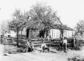 African Americans stand in front of their cabin in this 1890's photo.