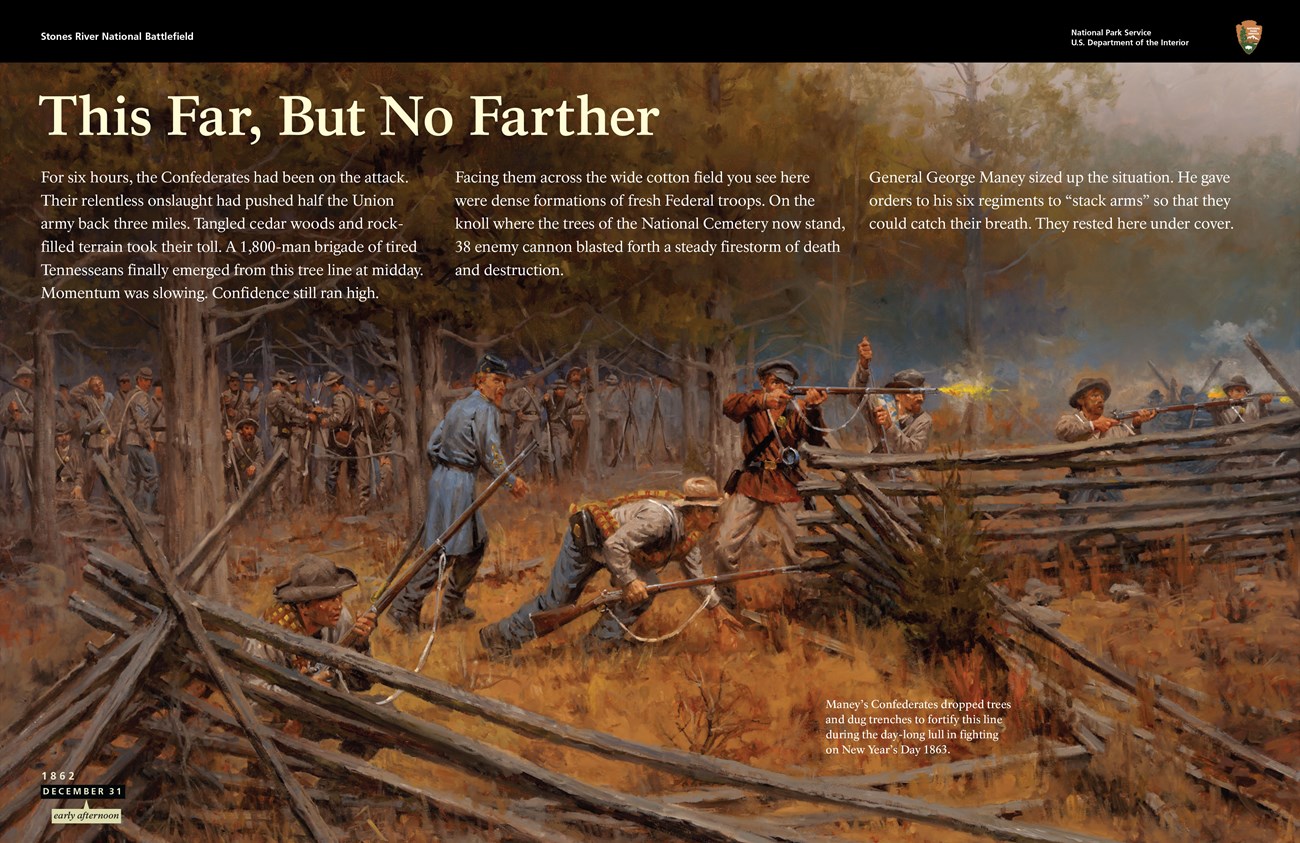 Exhibit featuring a painting of a mass of Confederate infantry standing in a tree line while a small group of men fire from behind a fence.