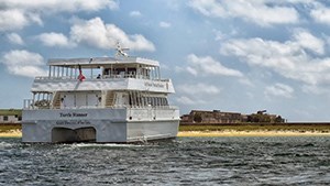 Two-level ferry approaching beach in distance