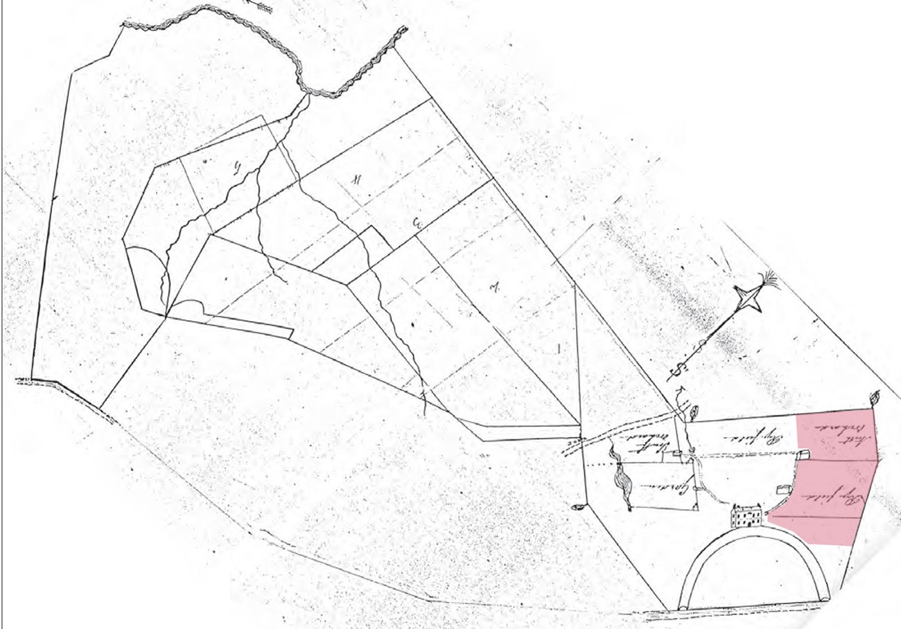 MAVA 1841 sketch with notes A drawing of a landscape layout shows a mansion on a curving driveway, fields, and streams. The orchard to the right of the house is highlighted.