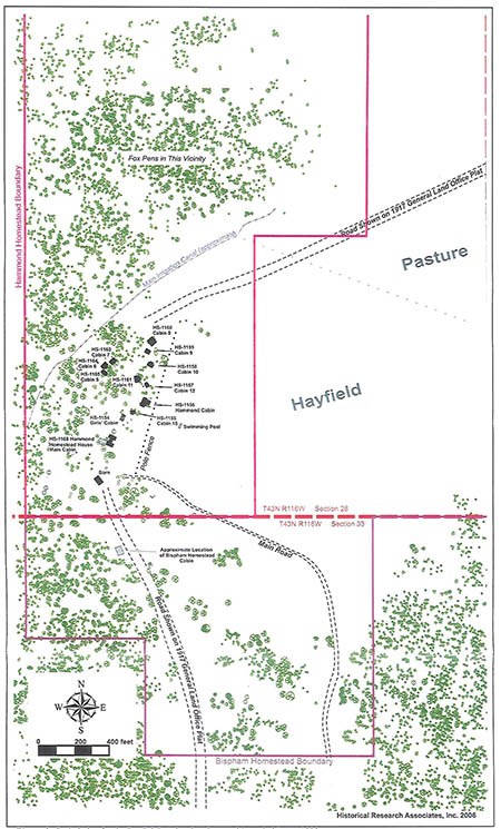 Site plan of White Grass (1923-1928) shows boundaries, structures, roads, and vegetation