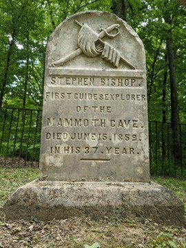 Stephen Bishop Grave Headstone with the engraving "Stephen Bishop, First Guide & Explorer of the Mammoth Cave, Died June 15 1859 in his 37 year"