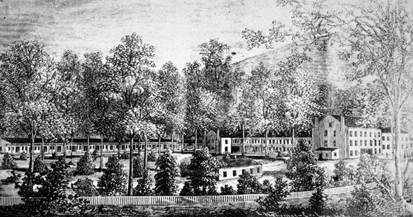Drawing of the Mammoth Cave Hotel, extending along an open area of trees.
