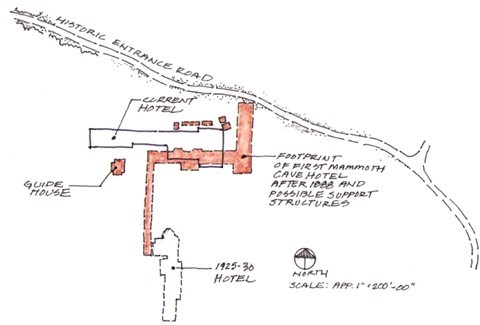 Labeled concept diagram showing likely location of former hotel building in relation to later buildings.