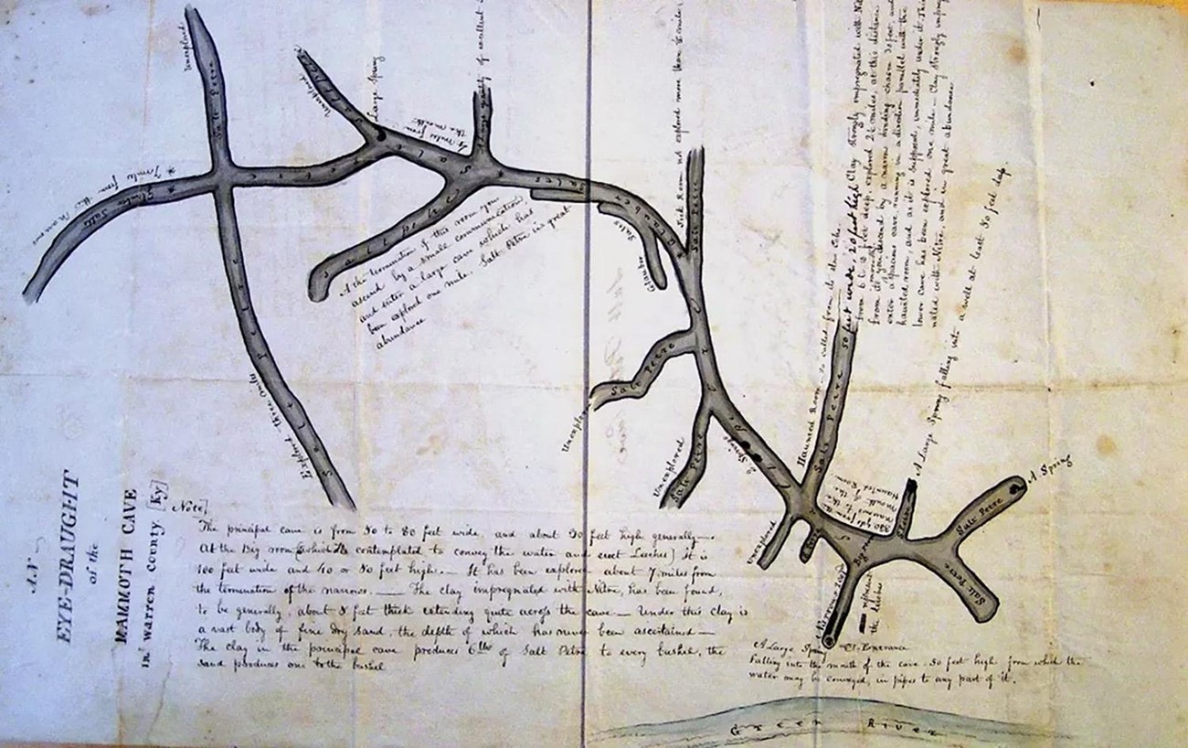 Labeled, hand-drawn map of the cave system titled "An Eye Draught of the Mammoth Cave"