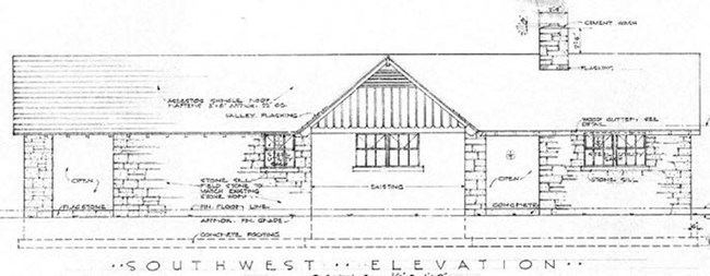Circa-1949 drawing of southwest elevation of a one-story structure with details labeled.