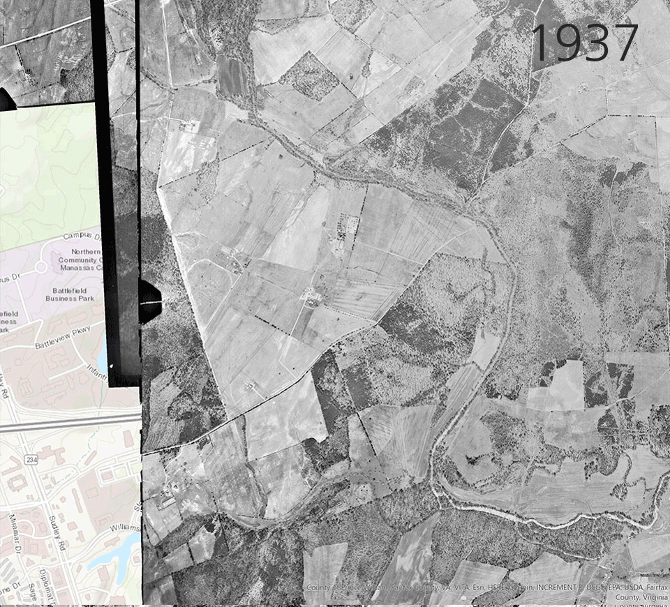 MANA Portici aerial images A GIF shows three aerial images of an agricultural landscape in 1937, 1953, and 2024.