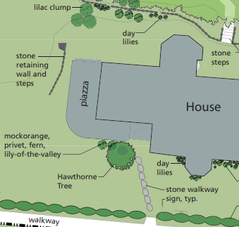 A labeled site plan drawing shows the position of the hawthorn tree, next to a house beside a stone walkway.