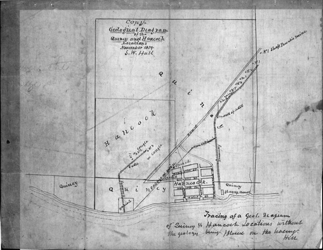 Hand drawing of a diagram showing Quincy and Hancock, including  streets, rail, some structures, and mining features, November 1859.