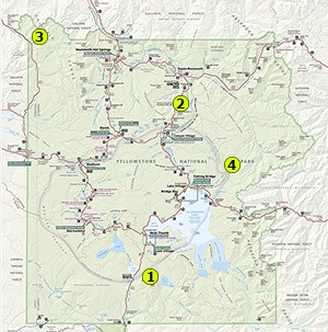 YELL Map Change Over Time Key map of Yellowstone National Park, showing where comparison photos are from in the park