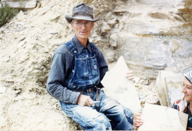 fossil butte 1950 man in fossil quarry