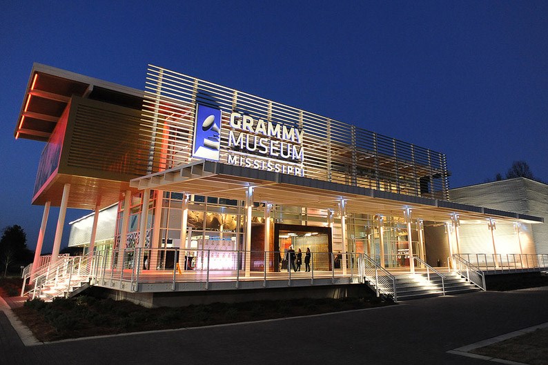 GRAMMY Museum building lit up at night