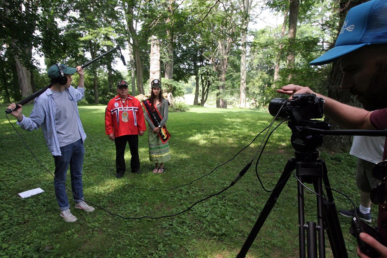 Video crew filming Odessa Acre and Robert Little at Stockbridge Indian Burial Ground