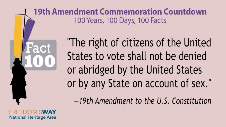 Purple background with black lettering spells out the 19th amendment: "The right of citizens of the United States to vote shall not be denied or abridged by the United States or by any State on account of sex."