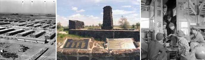 3 images, left to right: 1. An old black and white aerial view of a group of long buildings. 2. Historic plaques installed in front of stone ruins. 3. An old black and white image of a group of men in an industrial building focusing on a task.