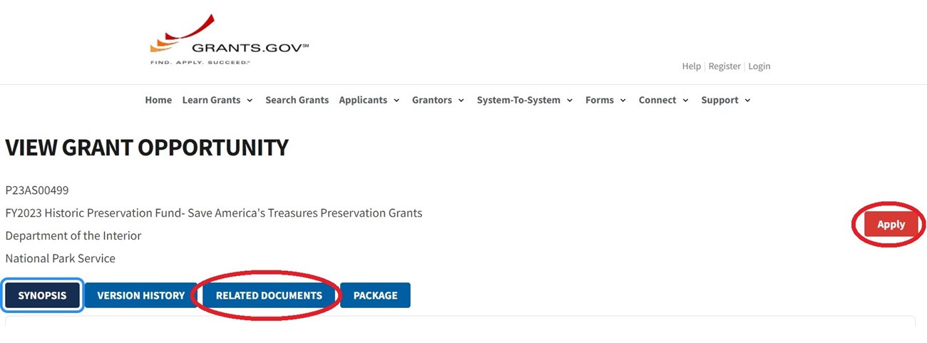 Screenshot from grants.gov showing a funding opportunity with the "Apply" button and "Related Documents" features highlighted.