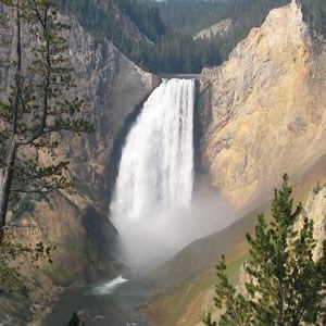 Yellowstone Falls consists of two major waterfalls on the Yellowstone River. The image here is of lower Yellowstone Falls.