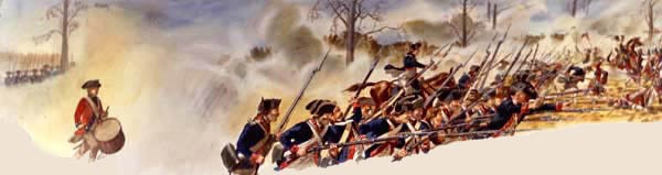 Scene depicts the veteran 1st Maryland Regiment, supported by Continental Light Dragoons, repelling the charge of the elite British Guards at the American third line during the Battle of Guilford Courthouse, March 15, 1781.