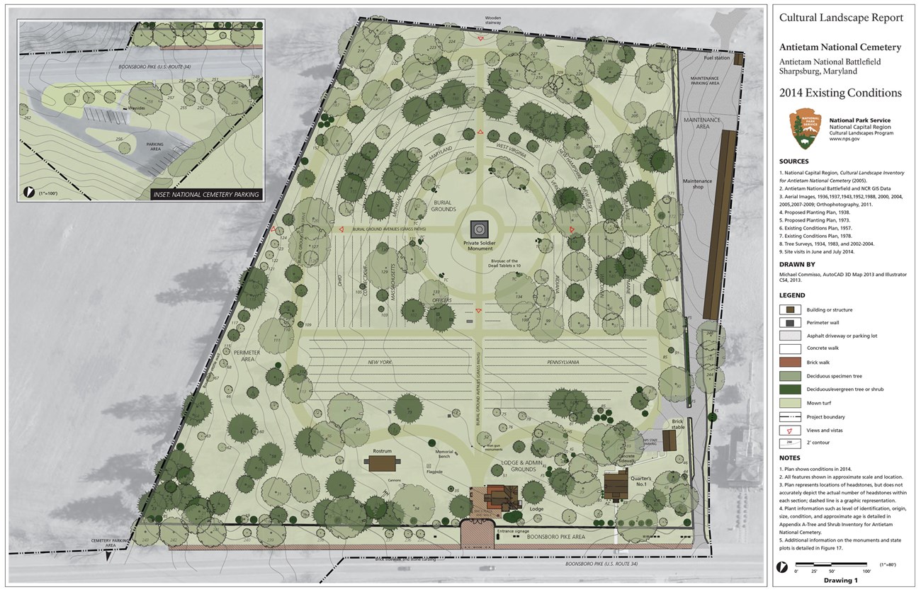 Site plan drawing shows features of Antietam National Cemetery in 2014, with trees, monuments, topography, paths, structures, views, and burial areas.
