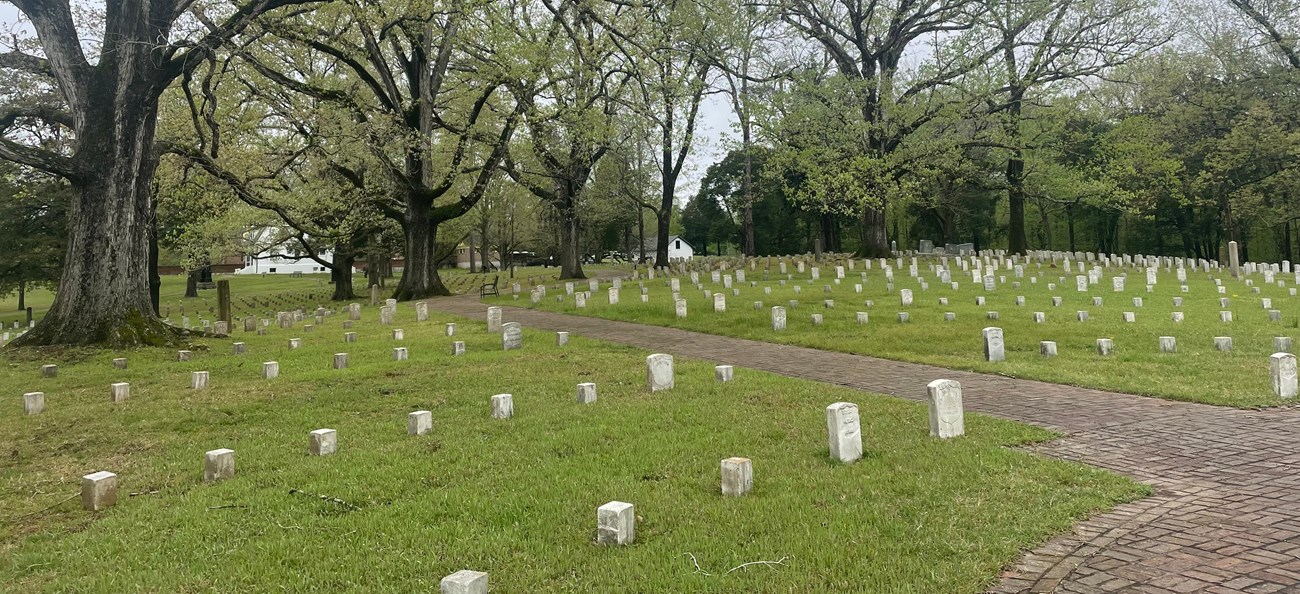 A brick walkway passes between rows of low white headstones spread across turf, under tall trees.