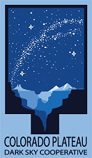 Colorado Plateau Dark Sky Cooperative logo. Night sky with blue hue, canyon showing stars above.
