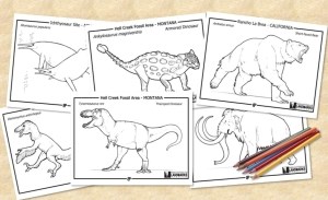 Black and white lie drawings depicting dinosaurs and prehistoric mammals with a bundle of colored pencils