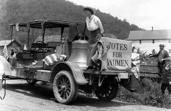 Votes for Women historic photo of women in a early 20th century car with a sign saying "Votes for Women"