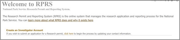 Image of RPRS page with highlighted text Create an Investigator Account