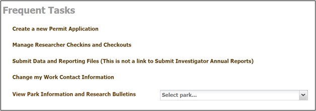 The Frequent Tasks section of the Investigator Profile. It includes a link called Change my Work Contact Information.