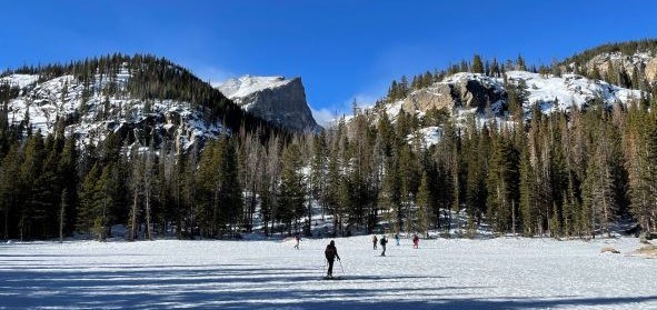 Skiers Skiers navigate along a mild slope of snowy hillside with snow and tree covered mountains behind them.
