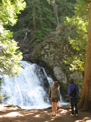 Two people stand in front of a large waterfall in the woods.