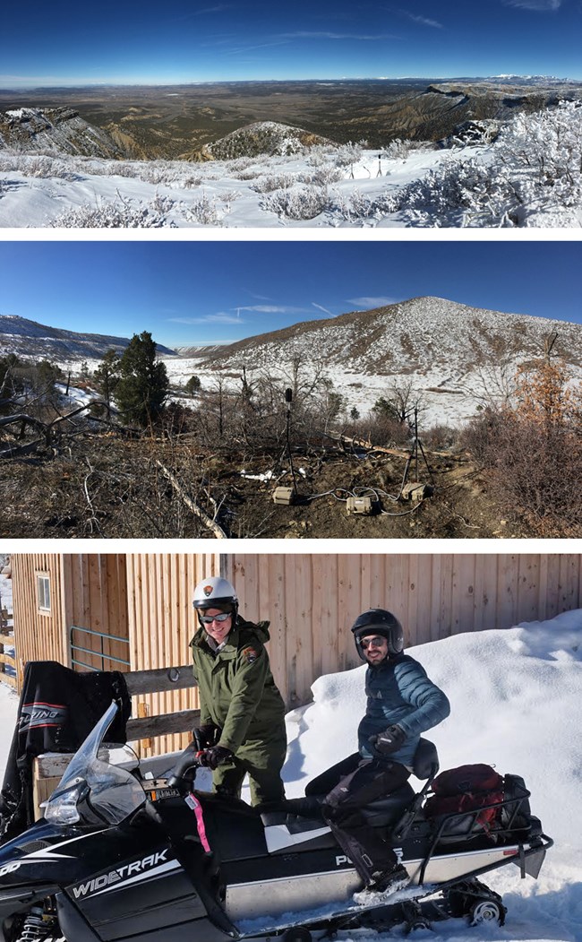 Composite collage of three photos at Mesa Verde National Park—two of wilderness locations, and one of a scientist and ranger on a snowmobile