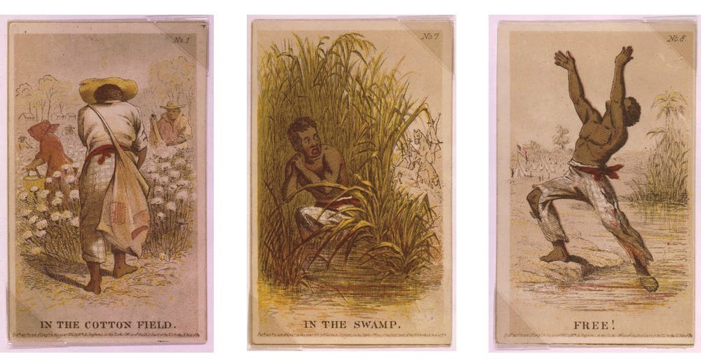 A set of cards created by H.L. (Henry Louis) Stephens of working in the field of reaching freedom. Set of cards showing enslaved individuals