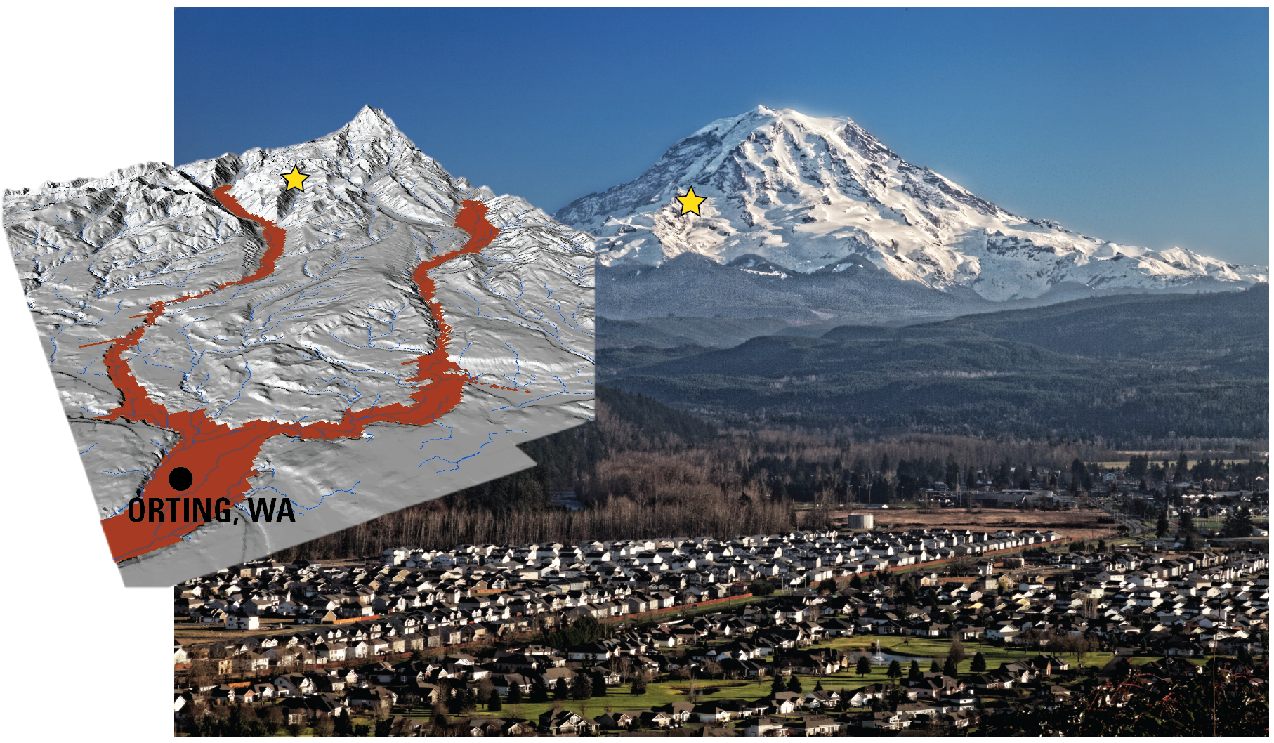 Photo of a volcanic mountain with an overlay map of potential lahar flow path.