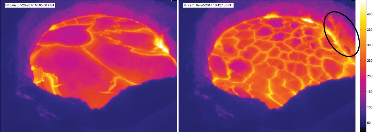 Side-by-side thermal images of a lava lake showing hotspots changing.