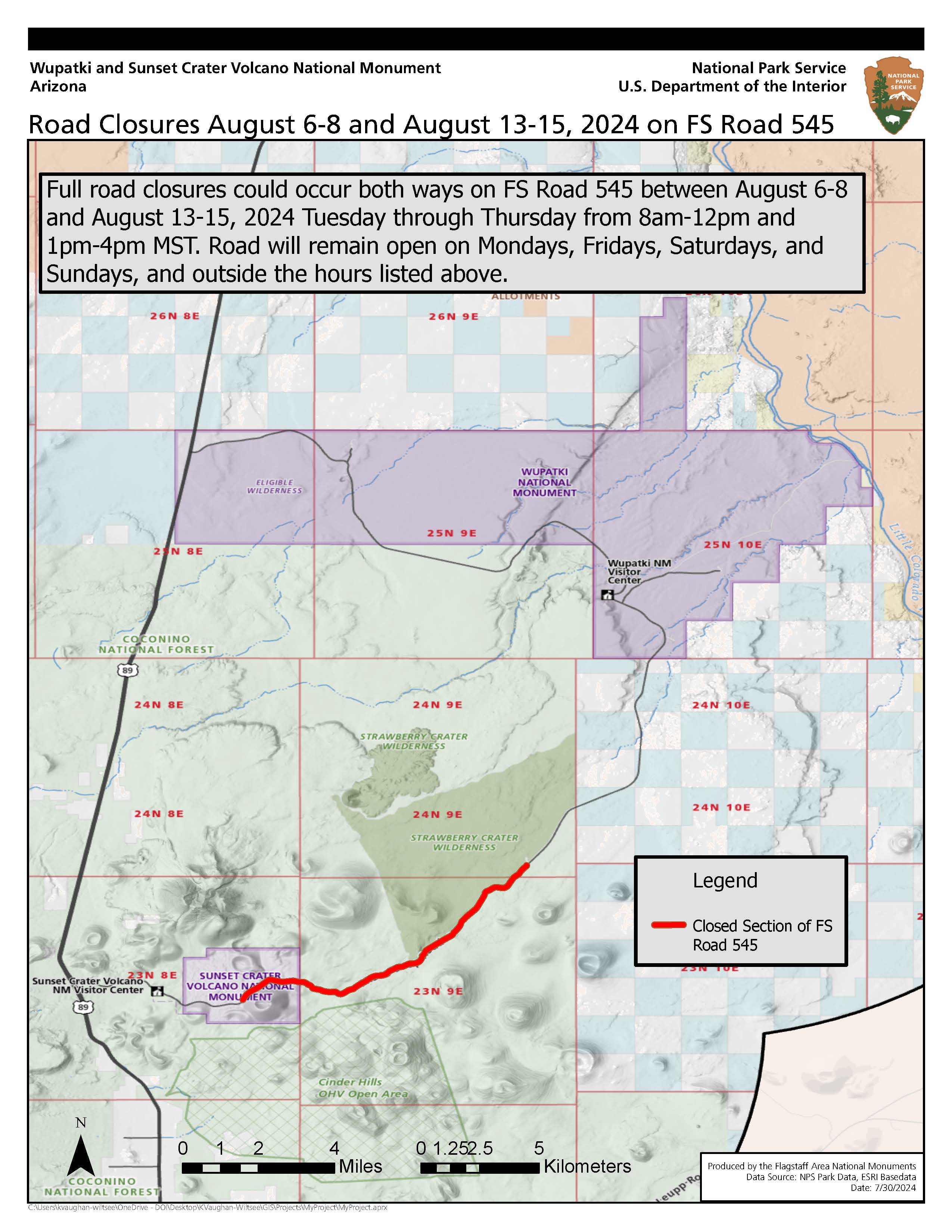 A map showing closes section of 545 road , detailed in text