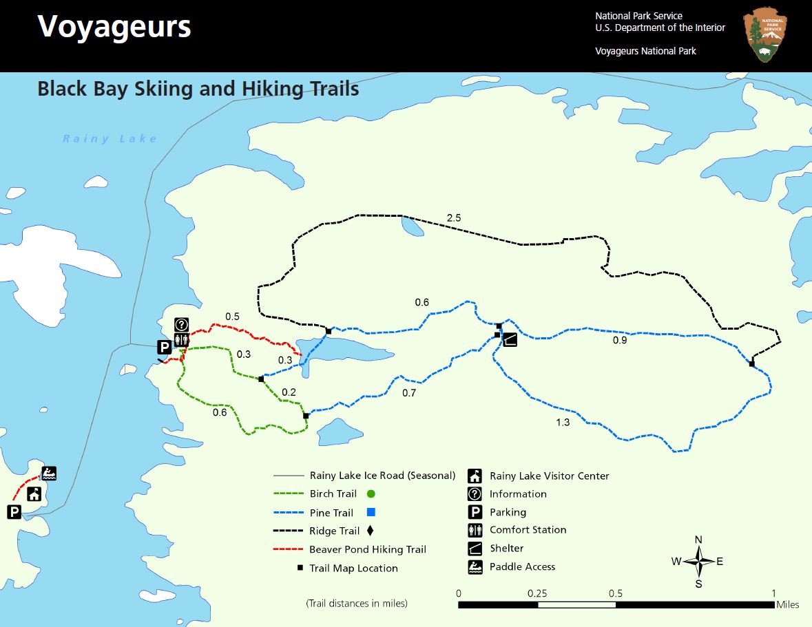 Detailed map of the Black Bay Beaver Pond Hiking and Ski Trails with different colors on map labelling the numerous trails with water indicated in blue.