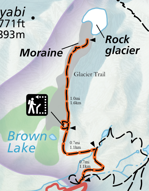 Glacier Trail Highlight A color image of a selection of the official park map. A red road emerges from the bottom and connects to an orange highlighted trail labeled "Glacier Trail."