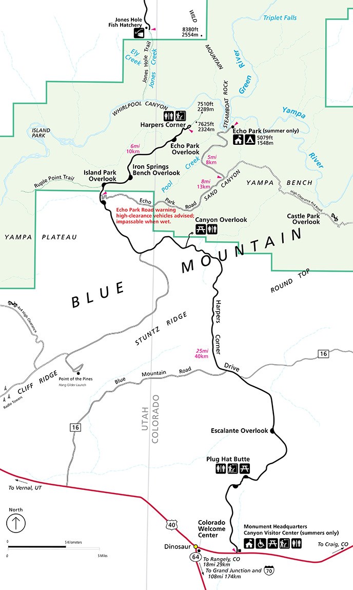 A map showing the length, features, and sites of interest along Harpers Corner Road.