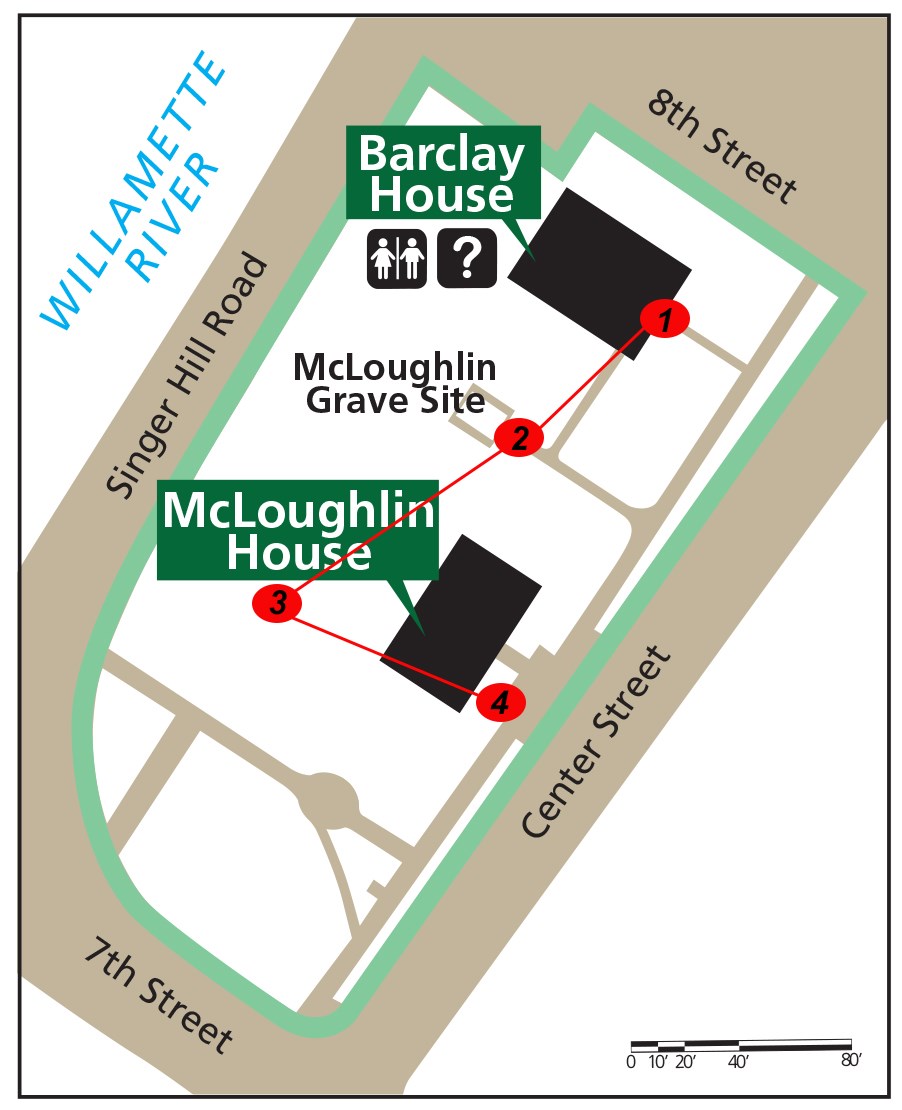 A map of the McLoughlin House Unit, including the Barclay and McLoughlin Houses. Red dots labeled with numbers one through four mark stops on this tour with red lines connecting the dots.