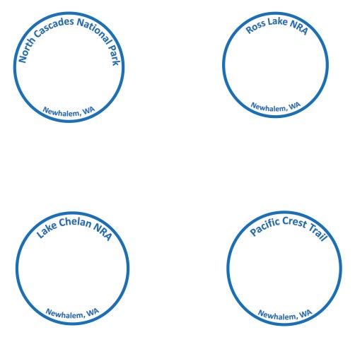 NOCA Complex set four blue circular park passport stamps that read: North Cascades National Park, Ross Lake NRA, Lake Chelan NRA, and Pacific Crest Trail
