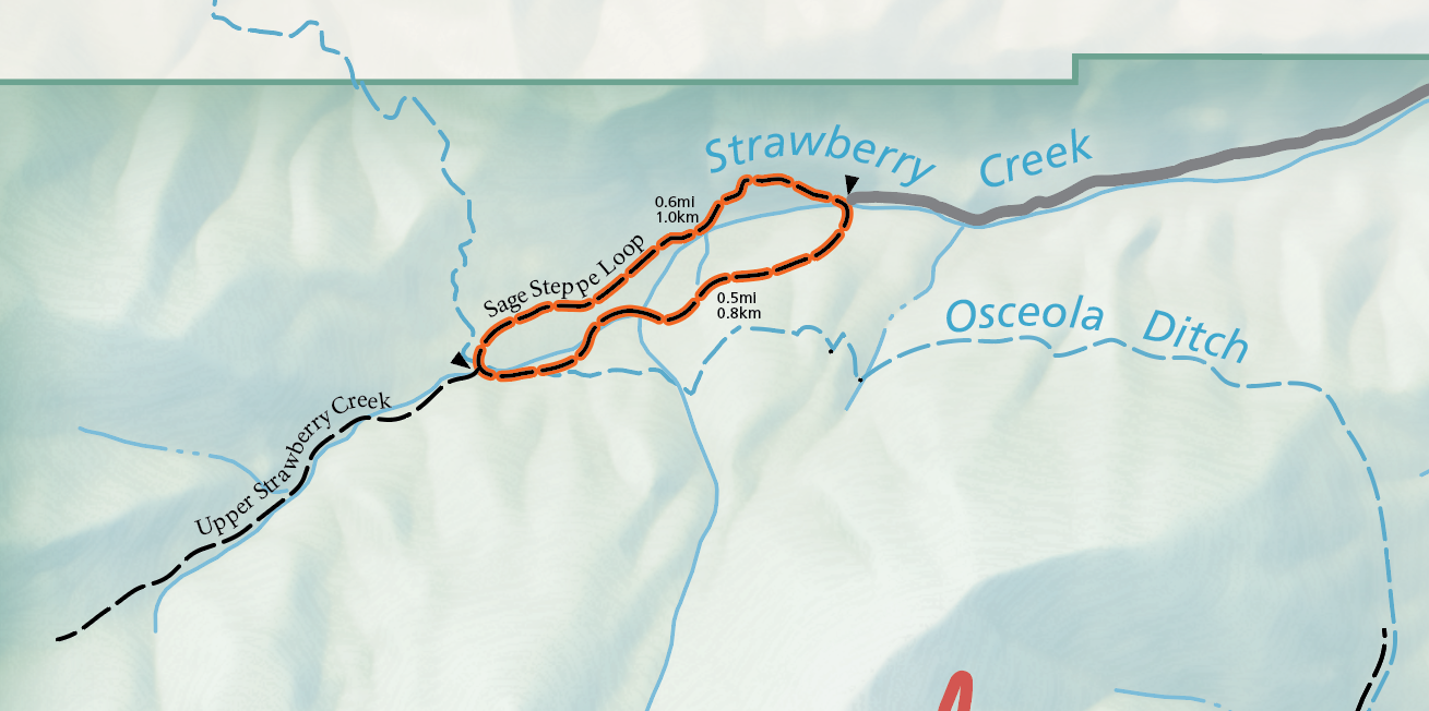 A color image of the official map of the national park. A grey road comes from the right and terminates where an orange highlighted trail emerges. The trail is labeled "Sage Steppe Loop."