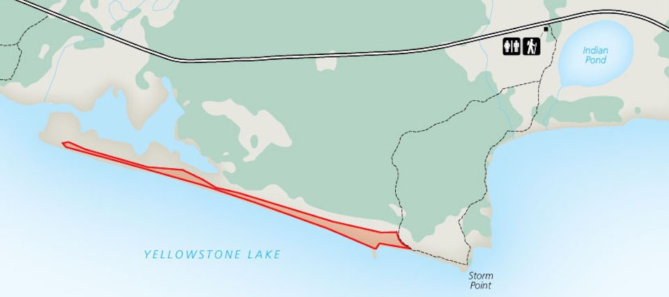 Yellowstone: Storm Point Area Closure Map Map showing the beach closure west of Storm Point Trail