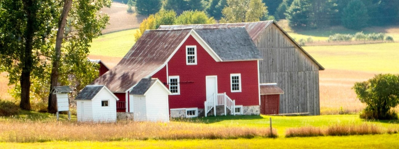 Thoreson Farmhouse Red gabled building with two small white building in front sitting in a bright light green field