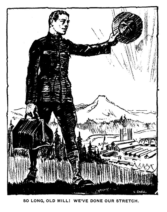 An illustration of a soldier waving his hat at the Spruce Mill with Mount Hood in the distance. A caption reads "So long, old mill! We've done our stretch."