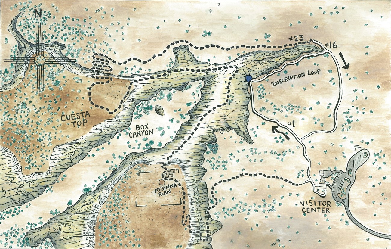 VC Park Map A map showing a short trail with a solid white line and a longer trail with a dashed black line