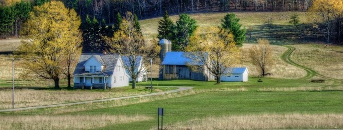 Dechow House and Barn Dechow's (Deco) 2-story house with a barn behind with towering silos surrounded in changing almost leafless trees and long yellowing grass.