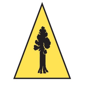 Trail of the Sequoias Route Marker A yellow triangle with a black sequoia symbol inside of it.