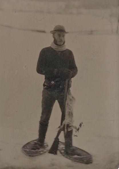 Theodore Roosevelt, snowshoeing in 1878.